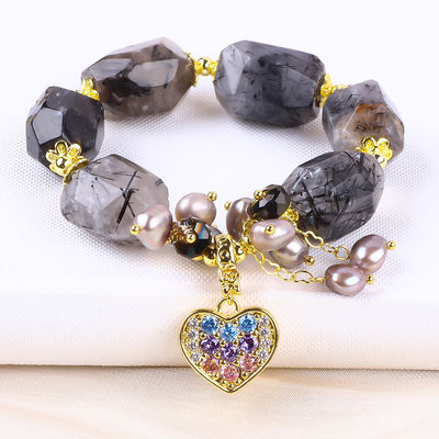 Handgefertigt Edelstein Armband Verstellbar Charme Schwarz Rutilat Quarz Armband Naturstein Perlen Schmuck für tägliches Tragen