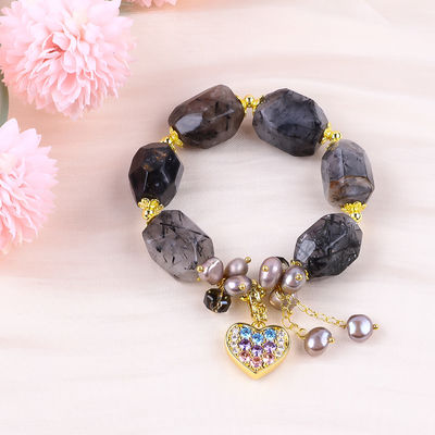 Handgefertigt Edelstein Armband Verstellbar Charme Schwarz Rutilat Quarz Armband Naturstein Perlen Schmuck für tägliches Tragen