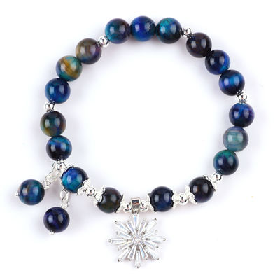 Gemstone Crystal 8MM Regenbogen Tiger Auge mit Schneeflocken Charm Stretch Armband zum Geschenken