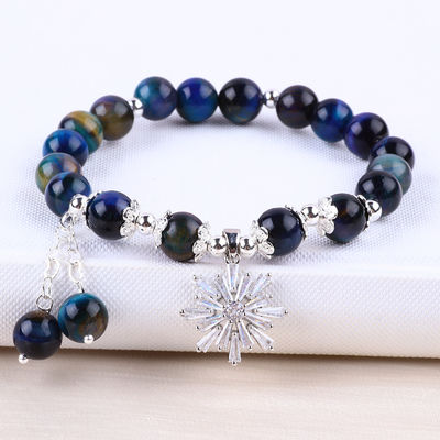 Gemstone Crystal 8MM Regenbogen Tiger Auge mit Schneeflocken Charm Stretch Armband zum Geschenken