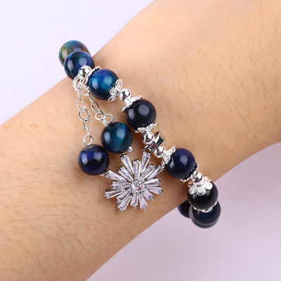 Gemstone Crystal 8MM Regenbogen Tiger Auge mit Schneeflocken Charm Stretch Armband zum Geschenken