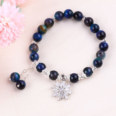 Gemstone Crystal 8MM Regenbogen Tiger Auge mit Schneeflocken Charm Stretch Armband zum Geschenken