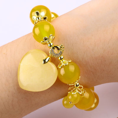 14MM Naturenergie Gelb Chalzedon mit Gelb-Jade-Herzschnitzerei Glückskristall-Perlen-Armband