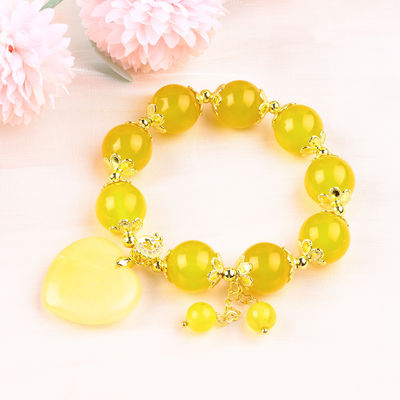 14MM Naturenergie Gelb Chalzedon mit Gelb-Jade-Herzschnitzerei Glückskristall-Perlen-Armband