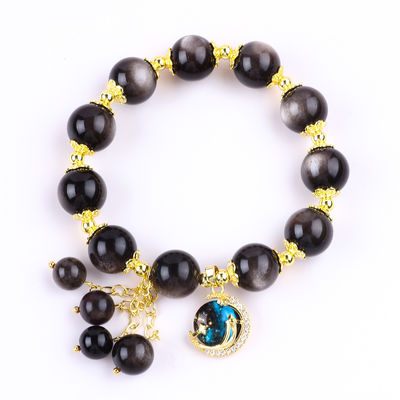 Echtes Stein 12mm Silber Obsidian Runder Stern Mit Mond Zauber Kristall Perlen Armband