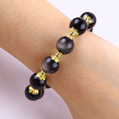 Echtes Stein 12mm Silber Obsidian Runder Stern Mit Mond Zauber Kristall Perlen Armband