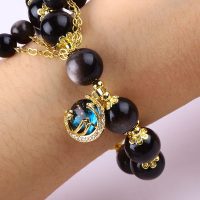 Echtes Stein 12mm Silber Obsidian Runder Stern Mit Mond Zauber Kristall Perlen Armband