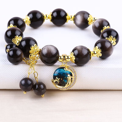 Echtes Stein 12mm Silber Obsidian Runder Stern Mit Mond Zauber Kristall Perlen Armband