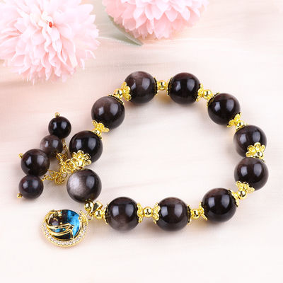 Echtes Stein 12mm Silber Obsidian Runder Stern Mit Mond Zauber Kristall Perlen Armband