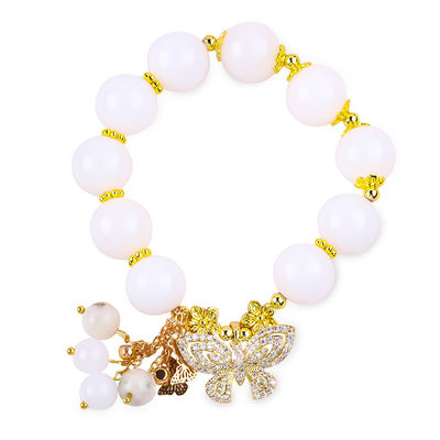 Natürlicher weißer Achat 14MM Kristall Einzelkreis Handstring Schmetterling Charme Armband zum Geschenk