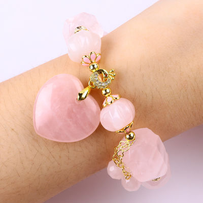 14MM mehrseitige Rose Quarz Stein Kristall Armband Herz Schnitzerei