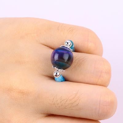 4mm handgefertigter Edelstein-Ring mit Perlen, verstellbar, elastisch, blau, Apatit-Steinring, mit farbigen Tiger-Augen-Perlen für Party D.