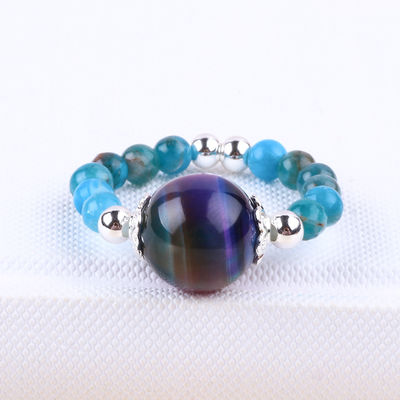 4mm handgefertigter Edelstein-Ring mit Perlen, verstellbar, elastisch, blau, Apatit-Steinring, mit farbigen Tiger-Augen-Perlen für Party D.