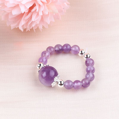 4mm Handgemachter Edelstein Perlenring Verstellbarer Elastischer Amethyst-Steinring Für das tägliche Tragen