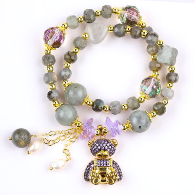 7mm Labradorit und Süßwasserperle Handgemachter Edelstein Lila Bär Charm Perlen Armband