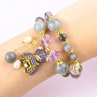 7mm Labradorit und Süßwasserperle Handgemachter Edelstein Lila Bär Charm Perlen Armband