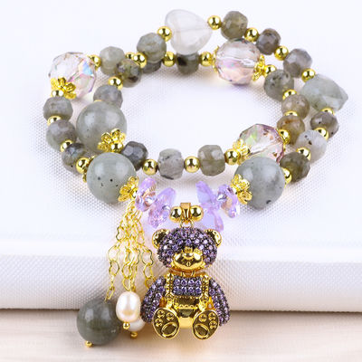7mm Labradorit und Süßwasserperle Handgemachter Edelstein Lila Bär Charm Perlen Armband