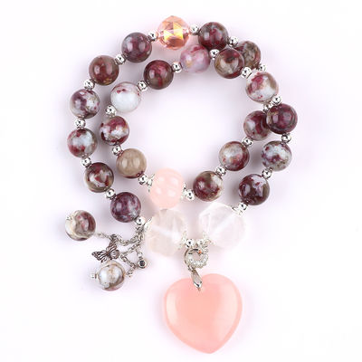 Pulm Blossom Tourmaline Rose Quarz Herz Dangle Charm Stretch Doppelschicht Perlen Armband