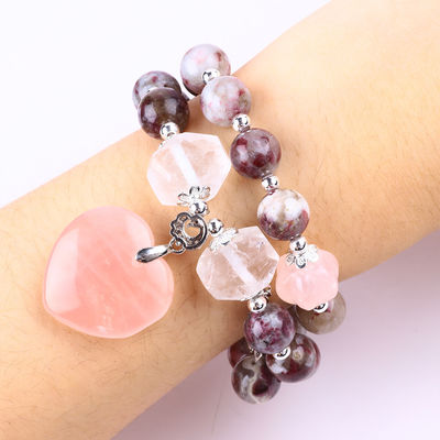 Pulm Blossom Tourmaline Rose Quarz Herz Dangle Charm Stretch Doppelschicht Perlen Armband