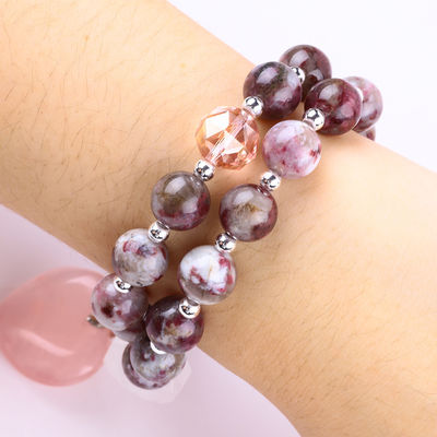 Pulm Blossom Tourmaline Rose Quarz Herz Dangle Charm Stretch Doppelschicht Perlen Armband