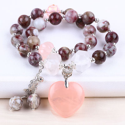 Pulm Blossom Tourmaline Rose Quarz Herz Dangle Charm Stretch Doppelschicht Perlen Armband
