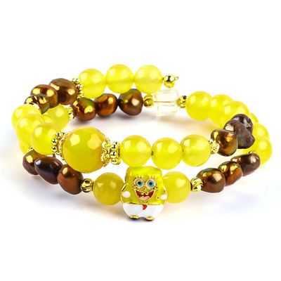 Heilende echte Kristall Gelb Chalcedon und Kaffee Farbe Süßwasser Perle mit SpongeBob Cartoon Charm Armband