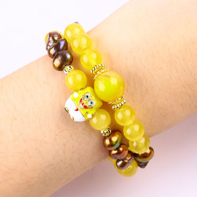 Heilende echte Kristall Gelb Chalcedon und Kaffee Farbe Süßwasser Perle mit SpongeBob Cartoon Charm Armband