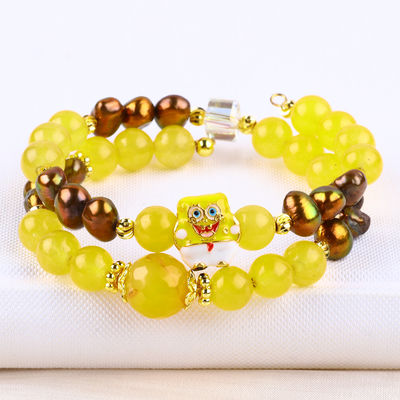 Heilende echte Kristall Gelb Chalcedon und Kaffee Farbe Süßwasser Perle mit SpongeBob Cartoon Charm Armband
