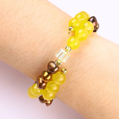 Heilende echte Kristall Gelb Chalcedon und Kaffee Farbe Süßwasser Perle mit SpongeBob Cartoon Charm Armband