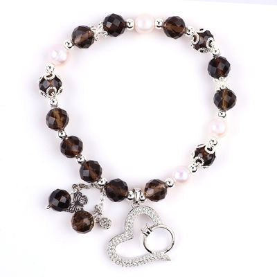 Natürliches Rauchquarz und weiße Perle Reiki Heilende Elastizitäts-Herz-Charme Stretch-Armband