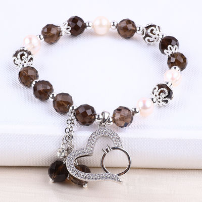 Natürliches Rauchquarz und weiße Perle Reiki Heilende Elastizitäts-Herz-Charme Stretch-Armband