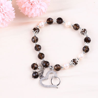 Natürliches Rauchquarz und weiße Perle Reiki Heilende Elastizitäts-Herz-Charme Stretch-Armband