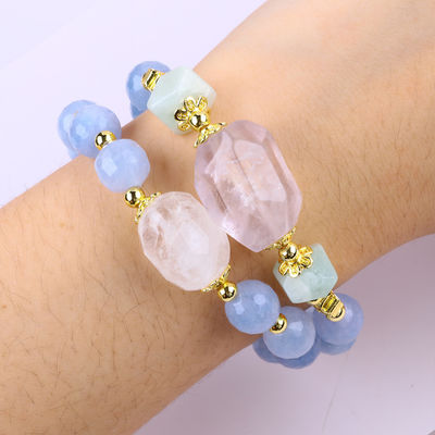Handgefertigtes Christall Blau Chalcedony Doppelschicht Mehrfach rundes Perlen Armband für Schmuck Geschenk