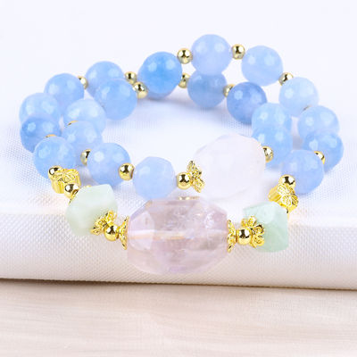 Handgefertigtes Christall Blau Chalcedony Doppelschicht Mehrfach rundes Perlen Armband für Schmuck Geschenk