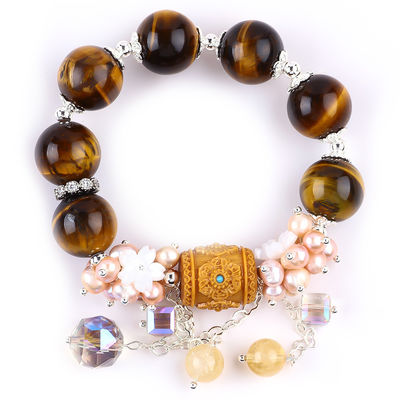 Natürliche 14MM wunderschöne Tiger-Auge und Blume Frischwasser Perle mit Dangle Chain Perlen Armband