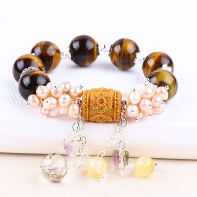 Natürliche 14MM wunderschöne Tiger-Auge und Blume Frischwasser Perle mit Dangle Chain Perlen Armband