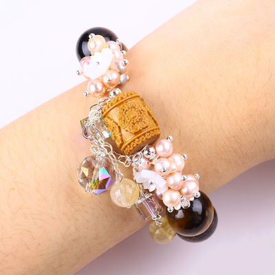 Natürliche 14MM wunderschöne Tiger-Auge und Blume Frischwasser Perle mit Dangle Chain Perlen Armband