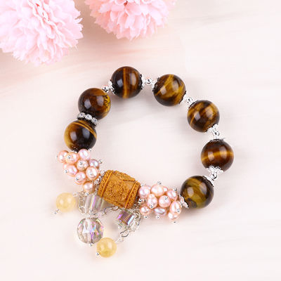 Natürliche 14MM wunderschöne Tiger-Auge und Blume Frischwasser Perle mit Dangle Chain Perlen Armband