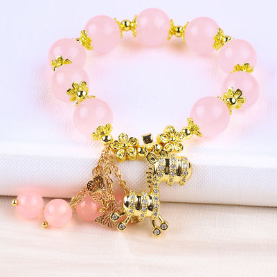 Custom 12mm rosa Quarz Perlen Armband mit Hirsch Charme