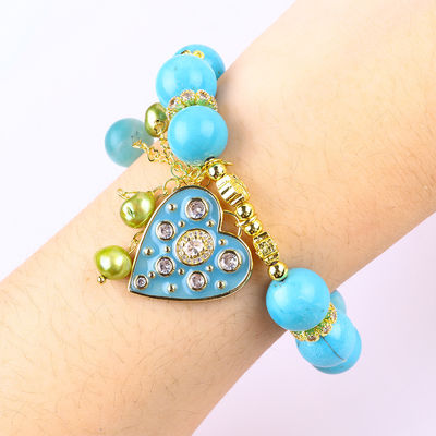 12mm Blau-Turkis-Kristall-Armband Glanzendes Herz-Stretch-Charme-Armband