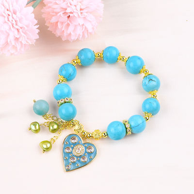 12mm Blau-Turkis-Kristall-Armband Glanzendes Herz-Stretch-Charme-Armband
