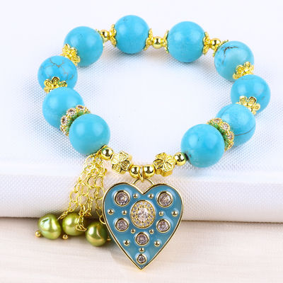 12mm Blau-Turkis-Kristall-Armband Glanzendes Herz-Stretch-Charme-Armband