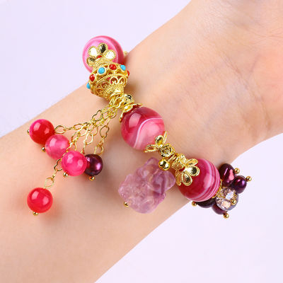 14mm Pink Agate Stein Armband mit lila Neun Schwanz Fuchs Schnitzerei