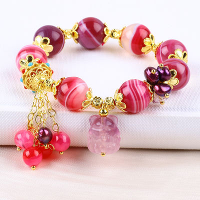 14mm Pink Agate Stein Armband mit lila Neun Schwanz Fuchs Schnitzerei