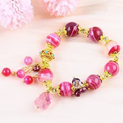14mm Pink Agate Stein Armband mit lila Neun Schwanz Fuchs Schnitzerei