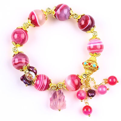14mm Pink Agate Stein Armband mit lila Neun Schwanz Fuchs Schnitzerei