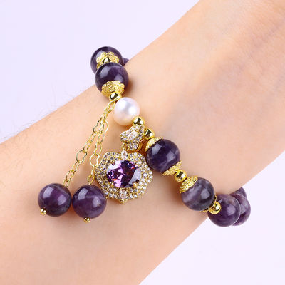 10mm Perlen Traum Amethyst Stein Stretch Armbänder mit lila Bling Bling Charm