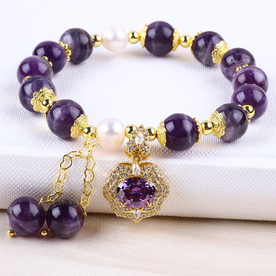 10mm Perlen Traum Amethyst Stein Stretch Armbänder mit lila Bling Bling Charm
