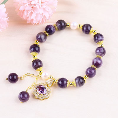 10mm Perlen Traum Amethyst Stein Stretch Armbänder mit lila Bling Bling Charm