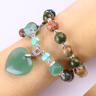 Handgefertigt Edelstein Perlen Armband Natur Unakite Stein Armband Verstellbares Herz Grün Aventurin Charms Armband Für P